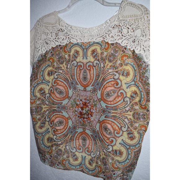 One World Sleeveless Top Large Crochet Shoulders High-Low Hem Sheer Boho Hippie - Picture 15 of 16